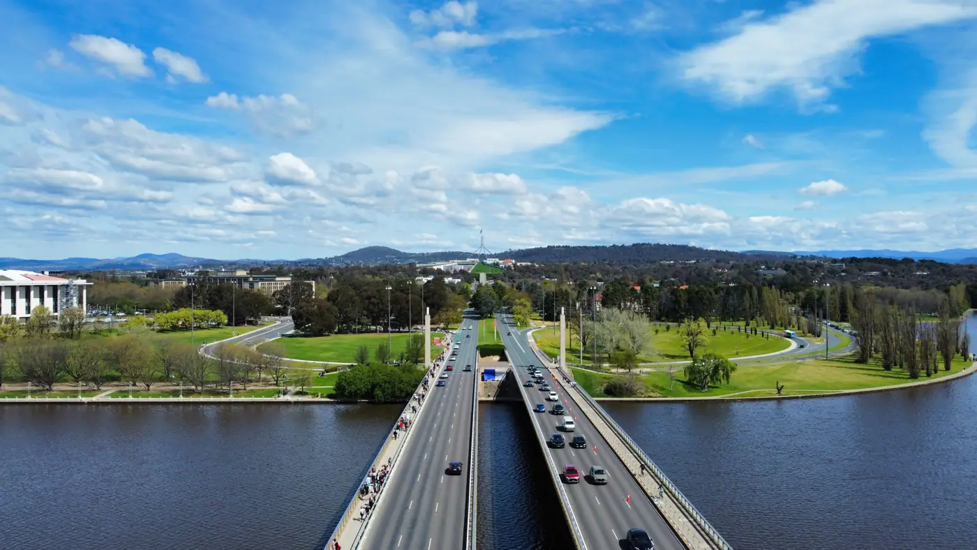 Commonwealth Avenue crossing Lake Burley Griffin towards Parliament House, Canberra